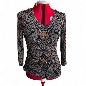 Y2k Brown Purple & Orange Paisley V Neck Mesh Top Size XL